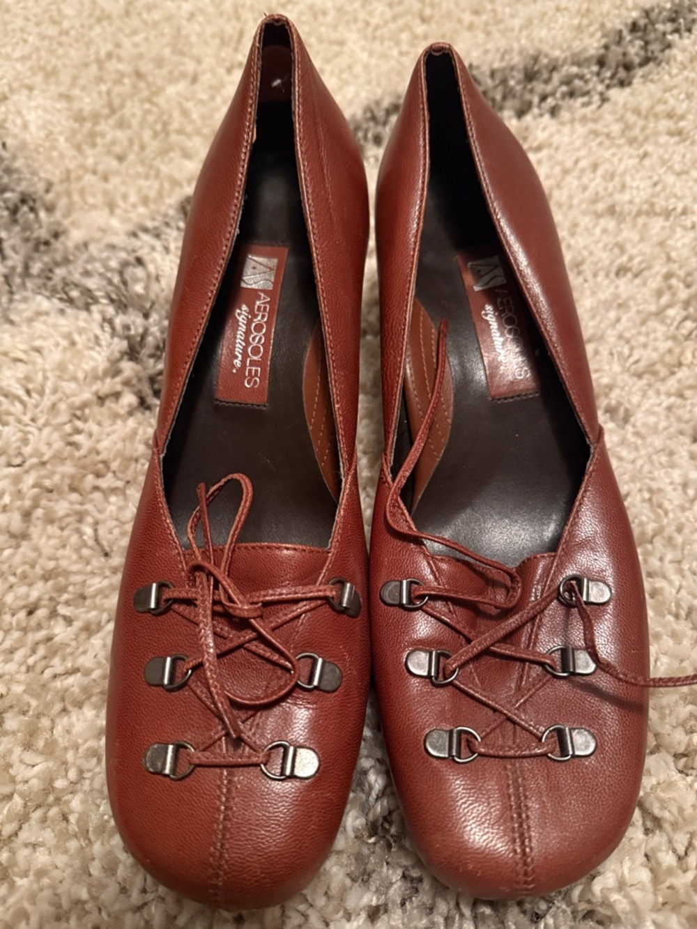 AEROSOLES Women's Brown Leather Lace-Up Flats